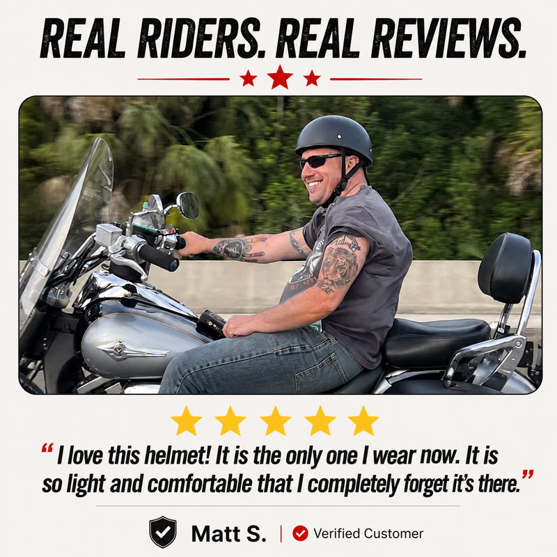 Low-profile matte black motorcycle helmet with no bulky mushroom head look