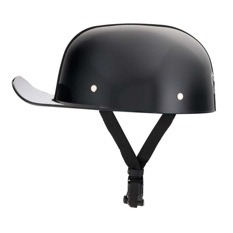 Baseball cap style low-profile motorcycle helmet with no mushroom head look